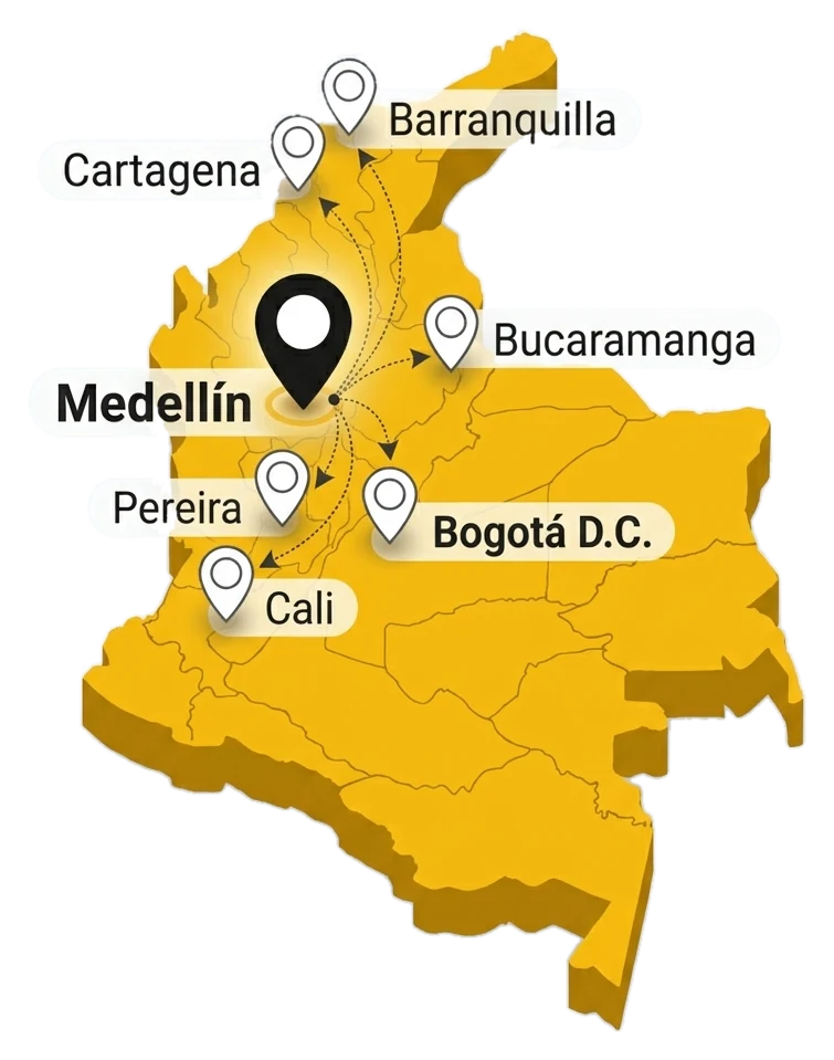 Mapa de cobertura de envíos de Soluplacas desde Medellín a toda Colombia
